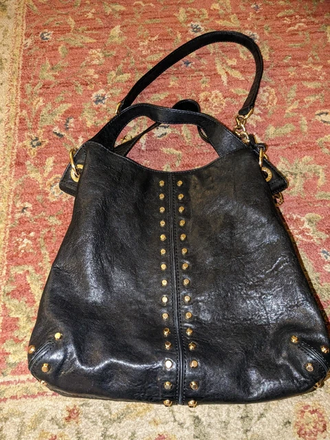 Pre-owned Michael Kors Uptown Astor Black Leather Large Gold Studded Hobo Bag