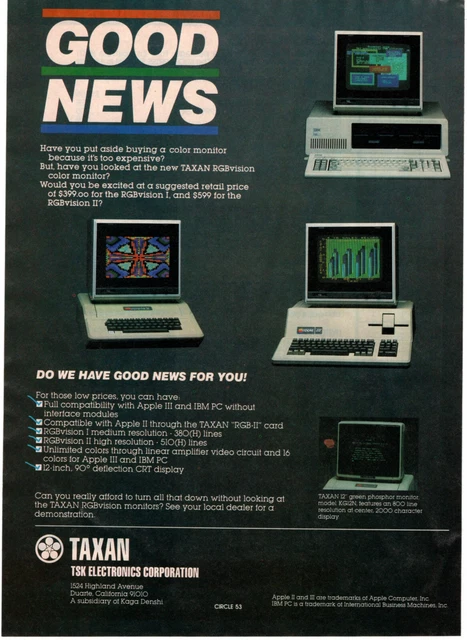 TAXAN RGBVISION COLOR Monitor Apple IBM Computer 1983 Vintage Print Ad ...