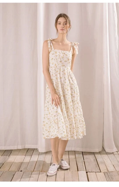 Storia Carin Rose Floral Tie Strap Midi Dress NWT M Beautiful Cotton