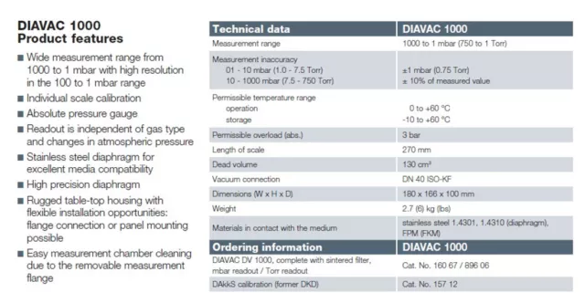 Capteur de vide à membrane Leybold DIAVAC DV1000 1-1000 mbar + échelle Nr 16067 3