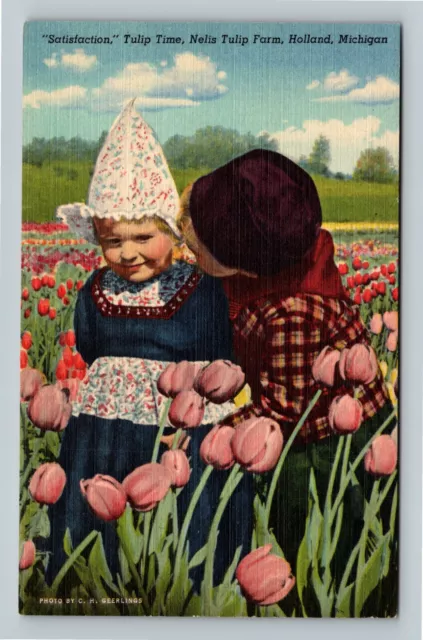 Holland MI, Nelis Tulip Farm, Dutch Children, Michigan Vintage Postcard