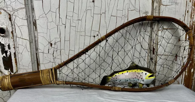 Vtg Nautical Decor Porcelain Fish On Fishing Net Trout Wall Hang Hand Paint 20"