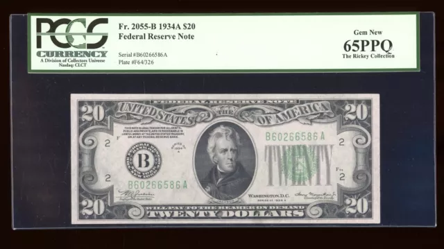 DBR 1934-A $20 FRN New York Gem Fr. 2055-B PCGS 65 PPQ Serial B60266586A
