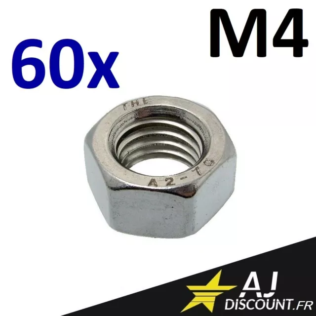 60x Ecrou hexagonal H (HU) - M4 - INOX A2 - DIN 934