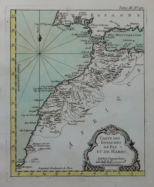 MOROCCO, NORTH AFRICA, SAHARA, GIBRALTAR, original antique map, Bellin, c.1764