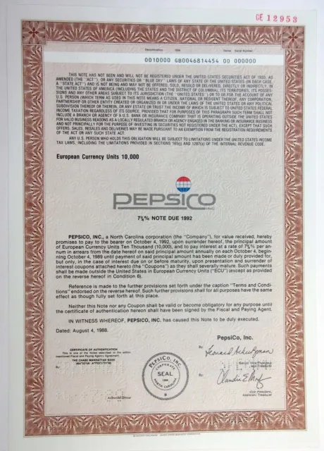 NC. PepsiCo, Inc., 1989 10,000 ECU 7 3/8% Specimen Bond, XF S-C USBNC