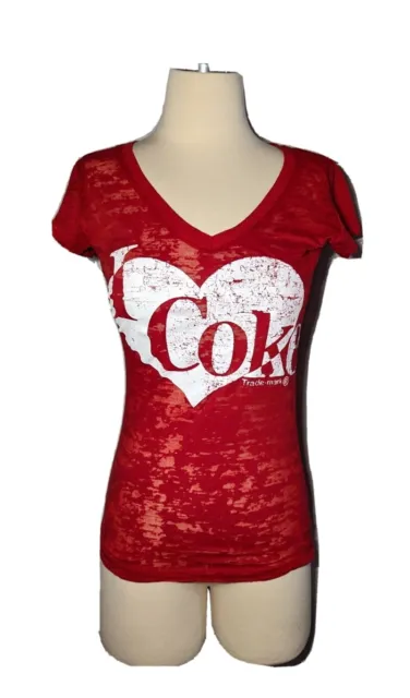 NWT'S I LOVE COKE T-Shirt Red Coca Cola Fitted Shirt Womens Size Small Sheer