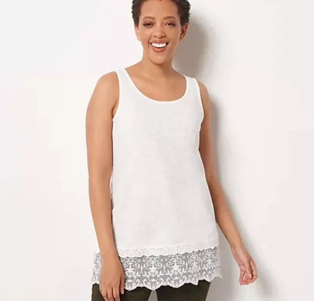 LOGO Layers by Lori Goldstein Cotton Slub Tank w/Lace Hem Alasbaster M A394182