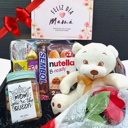 Pack Cesta Dia de la madre con Bandeja de Chocolates Variados + Rosa + Peluche +