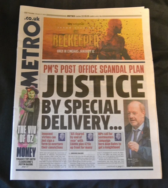 THE UK METRO Newspaper 11/01/24 January 11th 2024 Post Office Scandal