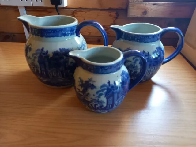 3pcs set of Vintage Victoria Ware blue and white, ironstone jugs / pitchers