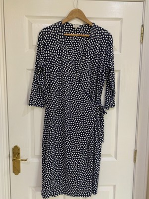 East Navy With White Spot Jersey Wrap Dress Uk 14 Exc Con
