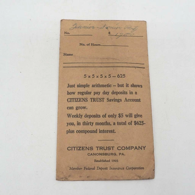 Cittadini Fidati Deposito Banca Busta Canonsburg Pennsylvania Vtg