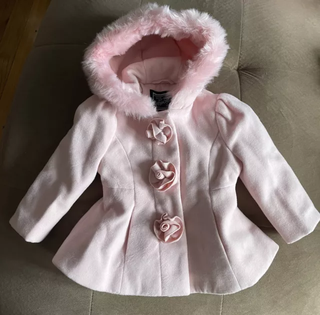 Rothschild Pea Coat Jacket Pink Rosette Baby Girls Size 12 Months Hood