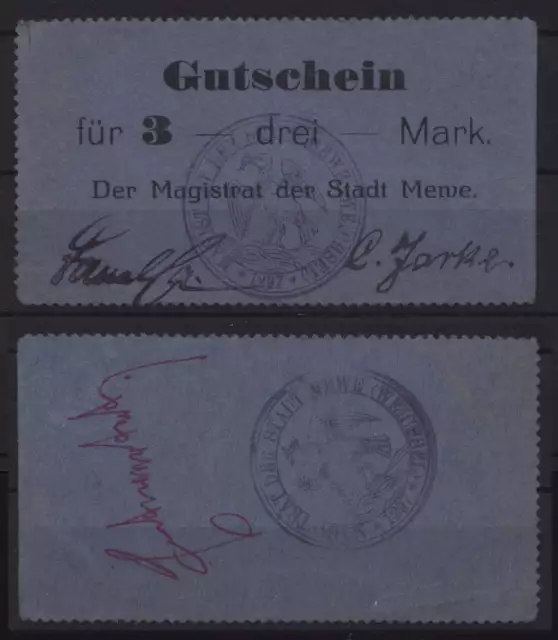 [17246] - NOTGELD MEWE (heute: Gniew), Stadt, 3 Mark, o. D. (1914). Dießner 233.