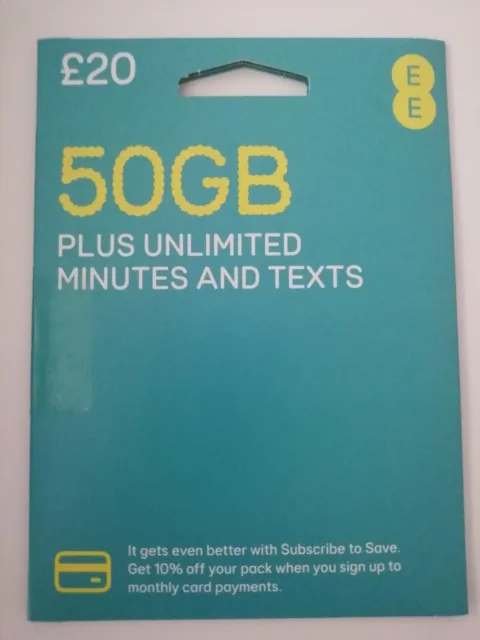 EE 4G £20 Data Pack Combi Sim PAYG 50GB Data Unlimited UK Mins Texts ZERO CREDIT