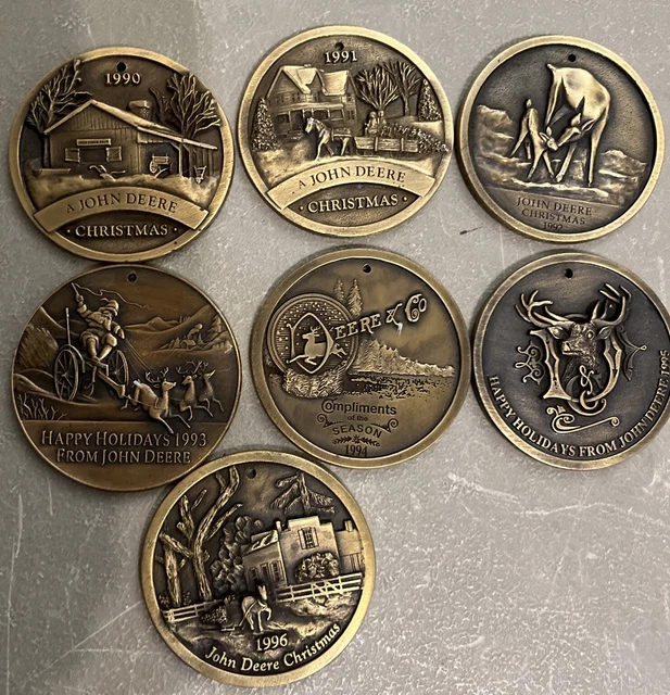 JOHN DEERE 7 Piece Vintage Brass Christmas Ornament Lot- Limited Edition 1990-96