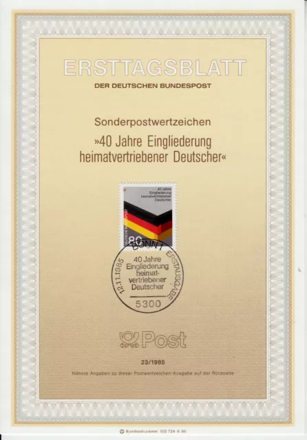 Deutschland Eingliederung Heimatvertriebener ETB Mi 1265, Bonn 12.11.85