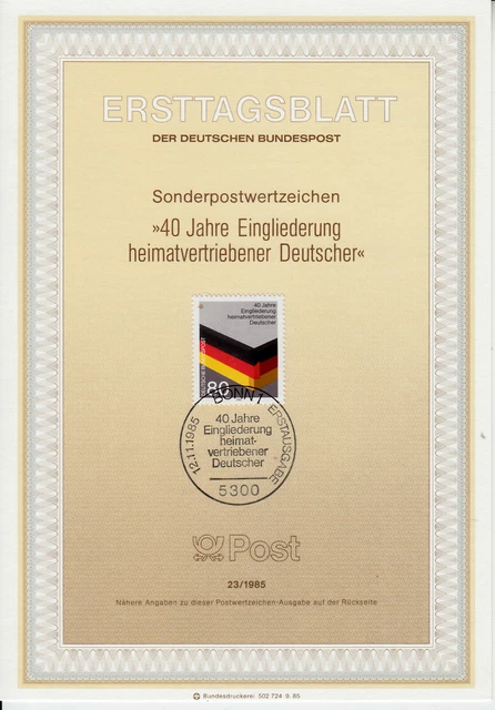 Deutschland Eingliederung Heimatvertriebener ETB Mi 1265, Bonn 12.11.85