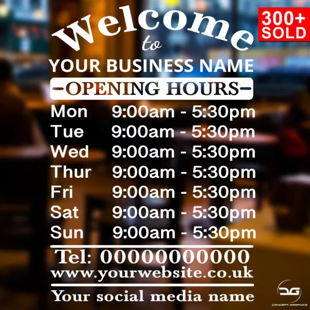 Custom Personalised Opening Times/Hours of Business Window Wall Vinyl Sign Decal