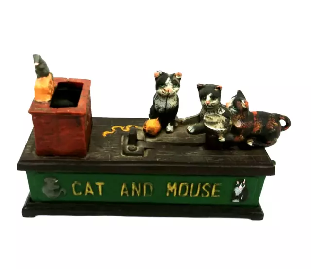 Mechanical Die-Cast Iron Coin Bank w/Stopper Cat and Mouse *WORKS*
