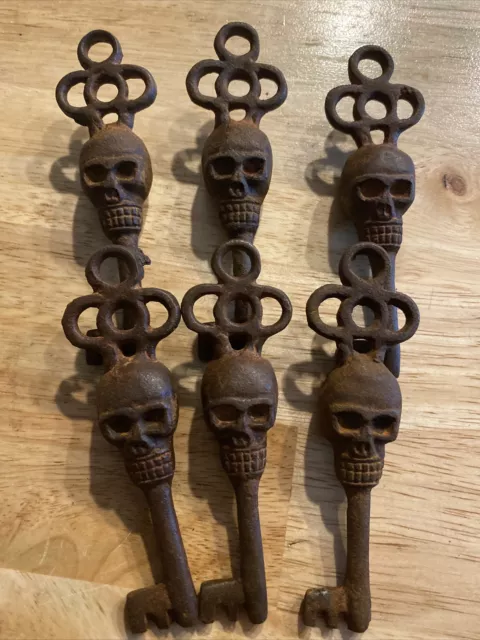 Skull Victorian Cast Iron Keys Set Lot x6 Skeleton Castle Patina Collector METAL