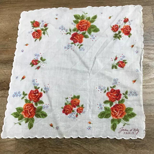 Vintage Hanky Jean Ol Orly Flower Floral Print Scallop Bridal White Red Green