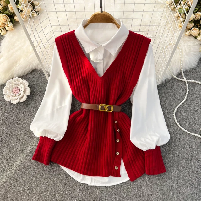 2pz Camicia Donna Bianca Gilet Lavorato a Maglia Gilet Top Cintura Elegante Maglia alla Moda