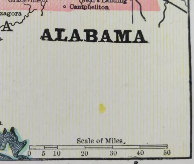 Vintage 1900 ALABAMA Map 11"x14" ~ Old Antique Original MOBILE OPELIKA TALLADEGA