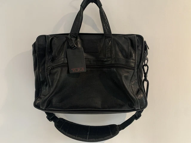 VTG TUMI Alpha Black Leather Messenger Laptop Briefcase Bag 906D3 Expandable Zip