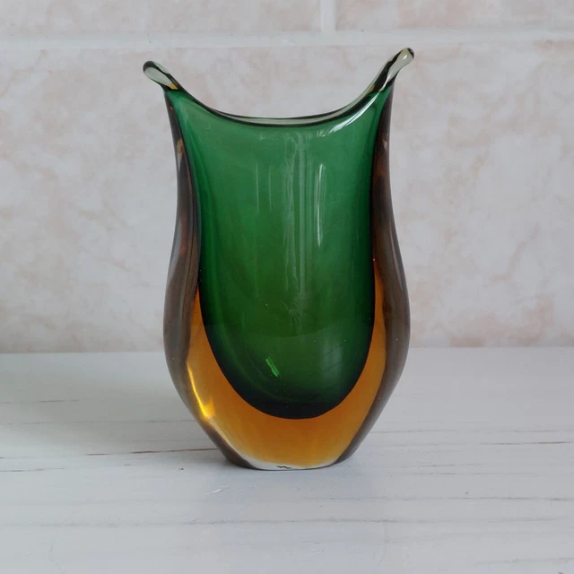 GREEN AMBER CASED Glass Vase 60s 70s Retro Murano Sommerso Art Glass 