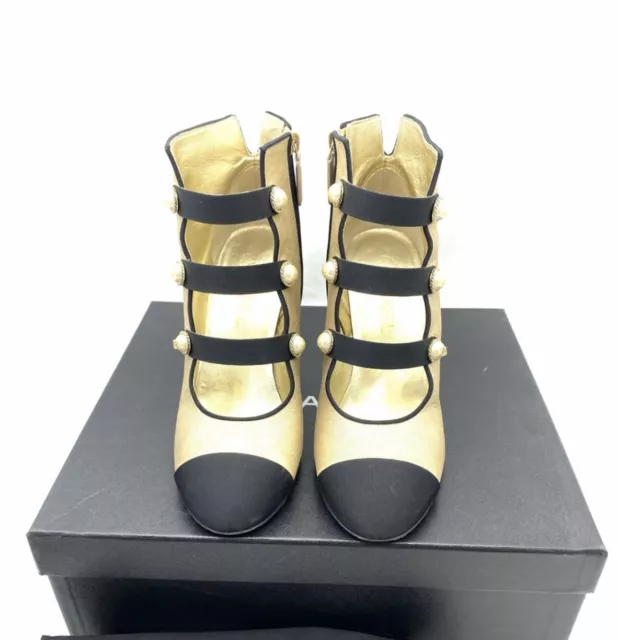 CHANEL ANKLE BOOTS 39. Zip Up Two Tone Black Beige Metallic Pearl