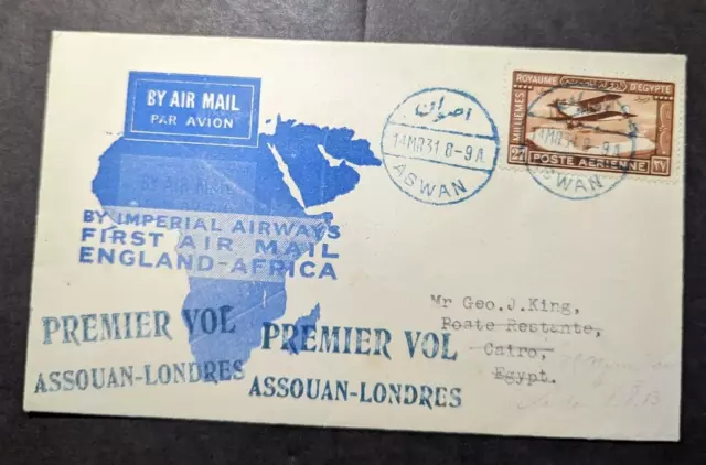 1931 Egypt Airmail First Flight Cover FFC Cairo to London England via Aswan