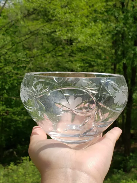 Clear Cut Lead Crystal Small Bowl Candy Nut  Dish Votive Holder Etched Flowers