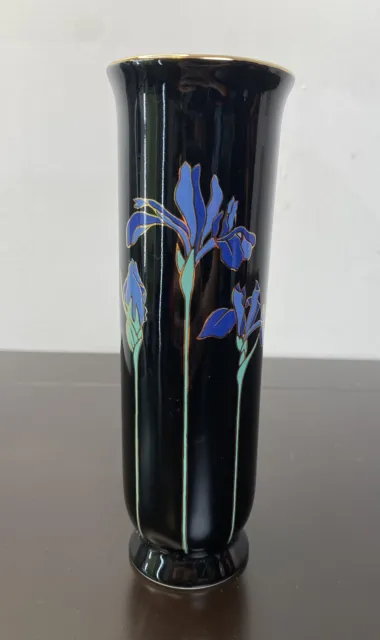 Otagiri Blue Iris 6.5” Vase Gold Black Vintage Floral Oval Bud Vessel