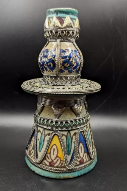 Vintage Late 20th Century Moroccan Ceramic Inkwell, Metal Rim