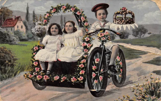 AK Kinder mit Fahrradgespann Postkarte gel. 1912