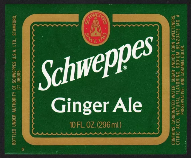 Vintage soda pop bottle label SCHWEPPES GINGER ALE 10oz size Stamford CT nrmt+