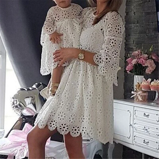 Abito Famiglia Abbinato Madre Figlia Abito Donna Floreale Bambina Abito in Pizzo#