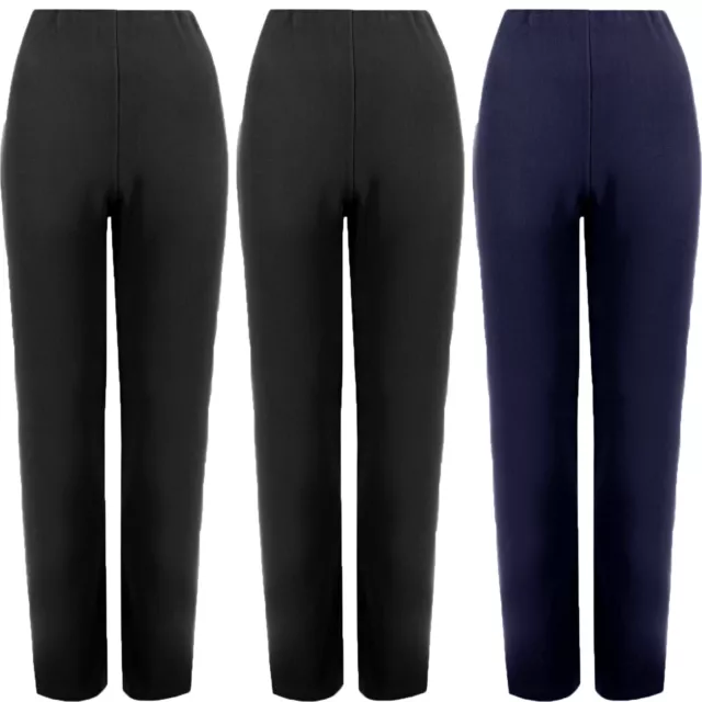 3 Pack Womens Straight Leg Trousers Ladies Stretch Pants Pull On Bottoms