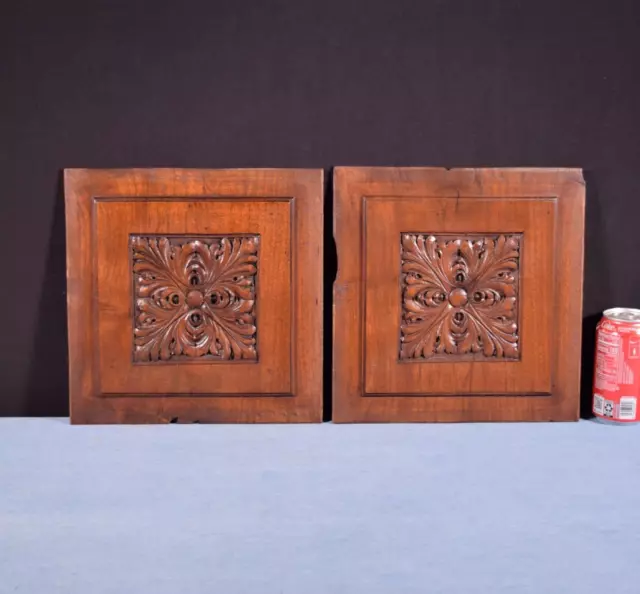 11" Pair of Antique French Solid Walnut Wood Highly Carved Panels