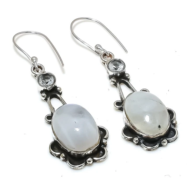 Rainbow Moonstone, White Topaz 925 Sterling Silver Jewelry Earring 2.21 " I383