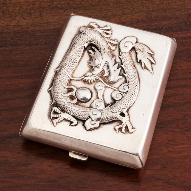 Heavy Chinese Export Silver Cigarette, Card Case Dragon & Pearl Left Hand Open