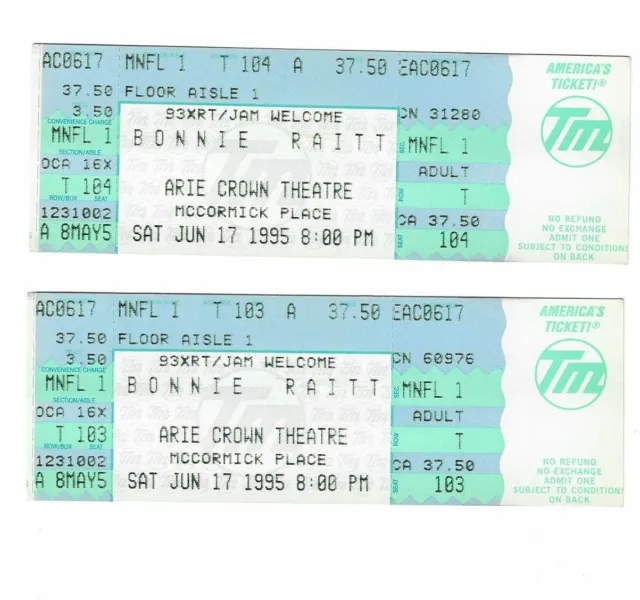 Bonnie Raitt Unused Concert Tickets From June 17, 1995