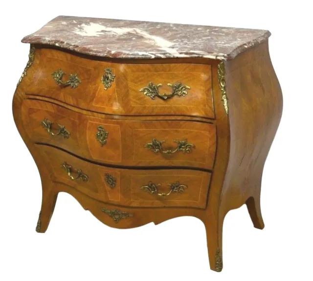 Swedish French Style Bombe Bombay Inlaid Chest Commode w/ Marble Top ca 1920