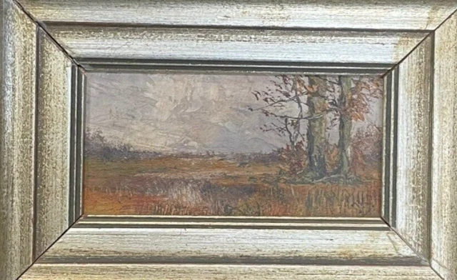 Antique Painting Miniature Landscape On Panel Autumn Wood Framed Rare Old 20th