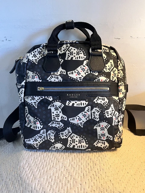 RADLEY LONDON FOLK Dog Scottie Dog Print Backpack Nylon Zip Top Black White 43.99 PicClick