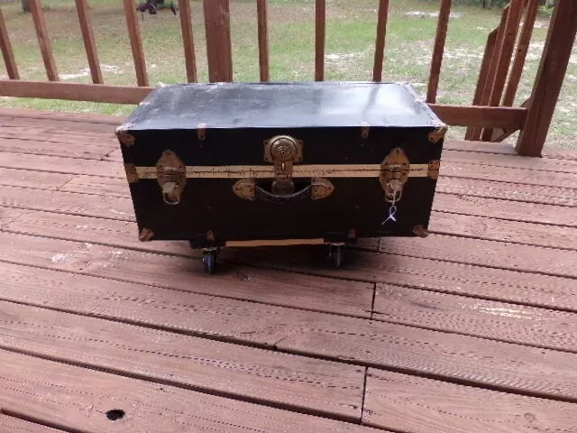 Vintage Black Metal Steamer /Travel Trunk With Original Key For Lock