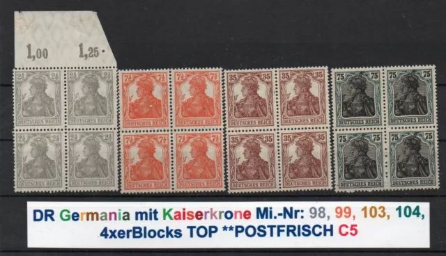 DR 1916/18 - GERMANIA mit KAISERKRONE - Mi.-Nr: 98,99, 103, 104,  **POSTFR. C1-3