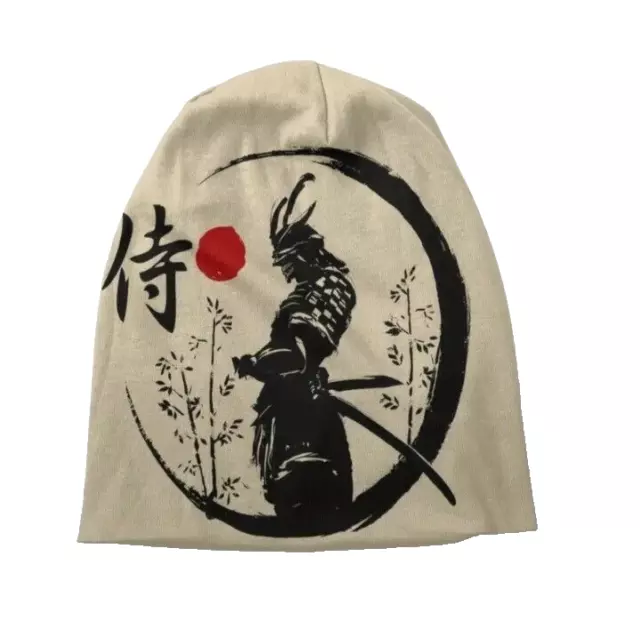 Japanese Samurai Warrior Beanie Cap - Skully Hat One Size Fits All Cream Sword